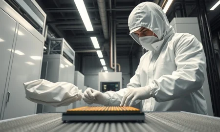 A technician in a semiconductor cleanroom inspecting a silicon wafer.