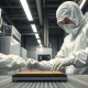 A technician in a semiconductor cleanroom inspecting a silicon wafer.