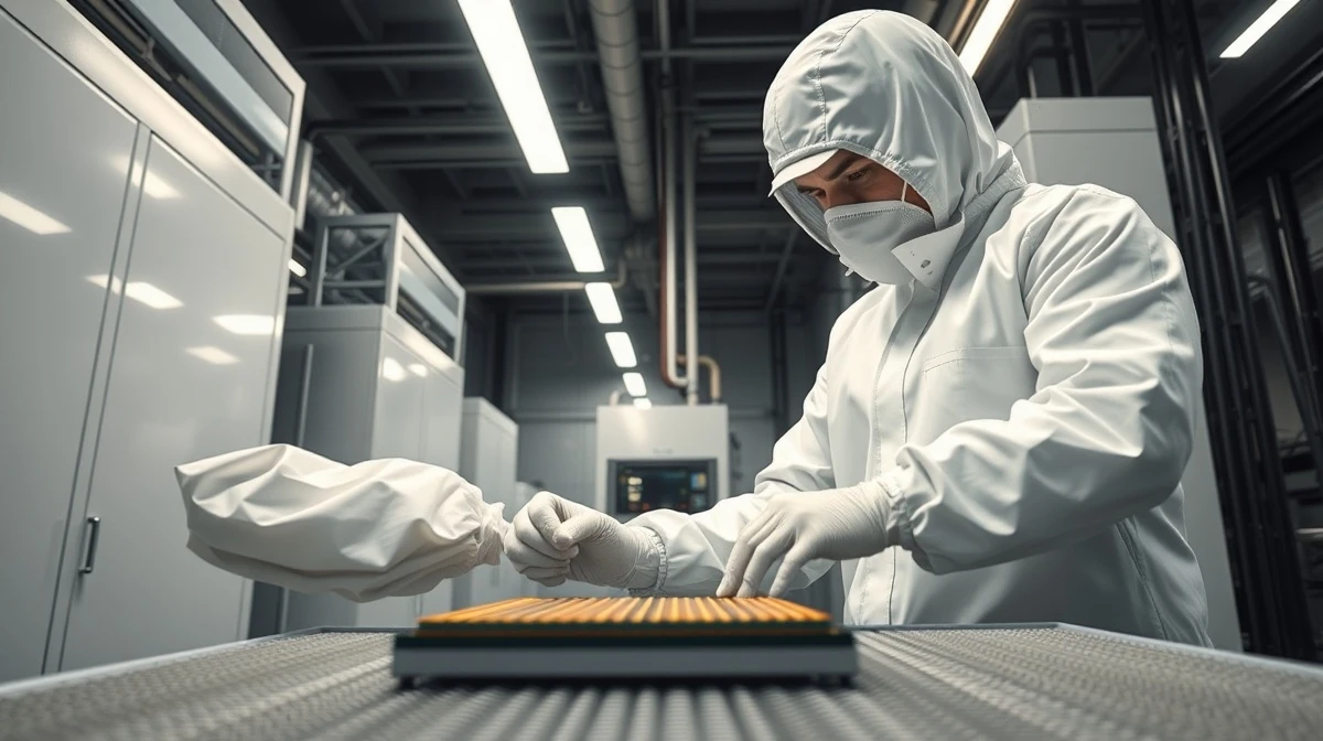 A technician in a semiconductor cleanroom inspecting a silicon wafer.