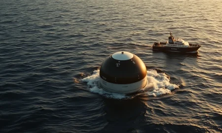 Orion spacecraft from NASA's Artemis II mission after splashdown in the Pacific Ocean.