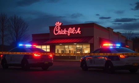 Police vehicles outside a Chick-fil-A restaurant in New Jersey following a reported shooting.
