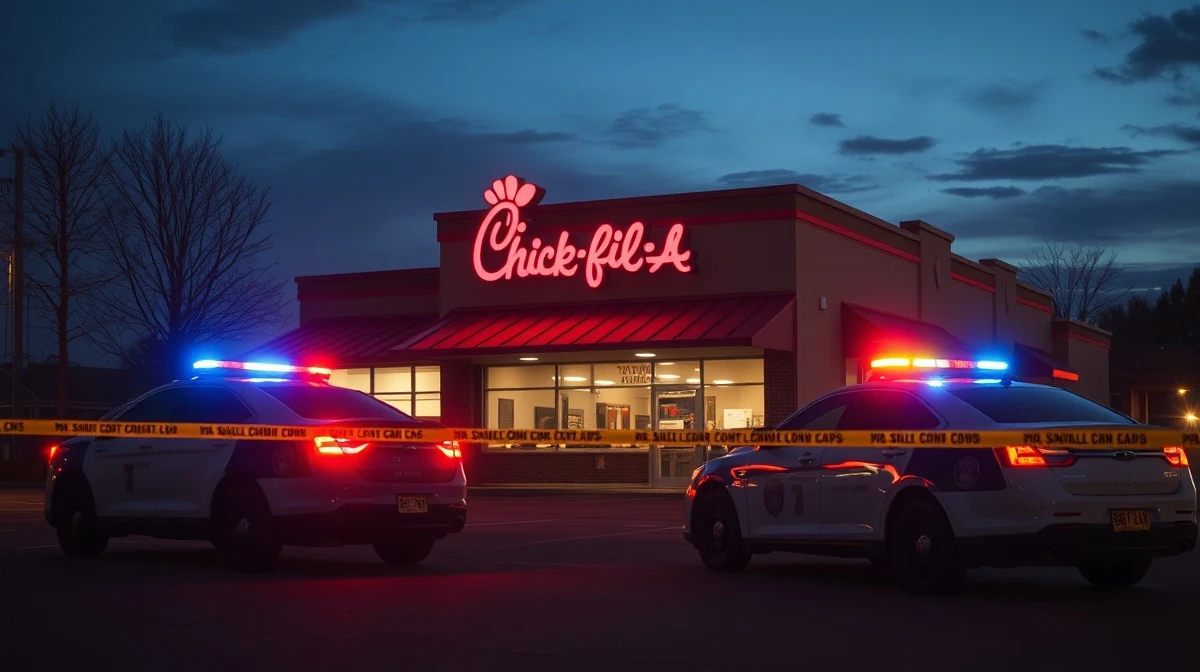 Police vehicles outside a Chick-fil-A restaurant in New Jersey following a reported shooting.
