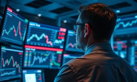 A trader monitors NZD/USD currency charts amid market volatility.