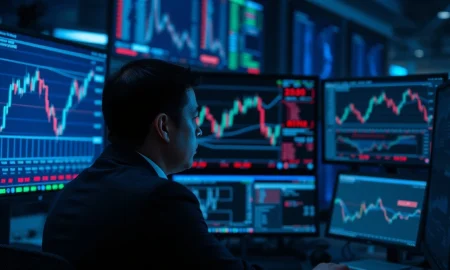 A trader monitors NZD/USD currency pair charts on a financial trading desk.