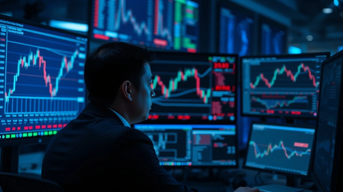 A trader monitors NZD/USD currency pair charts on a financial trading desk.