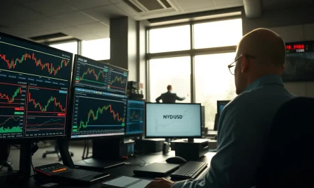 A trader monitors NZD/USD currency charts on a financial desk ahead of the RBNZ decision.