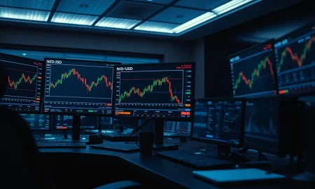 Financial trading desk showing NZD/USD currency pair chart on monitor.