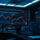 Financial trading desk showing NZD/USD currency pair chart on monitor.