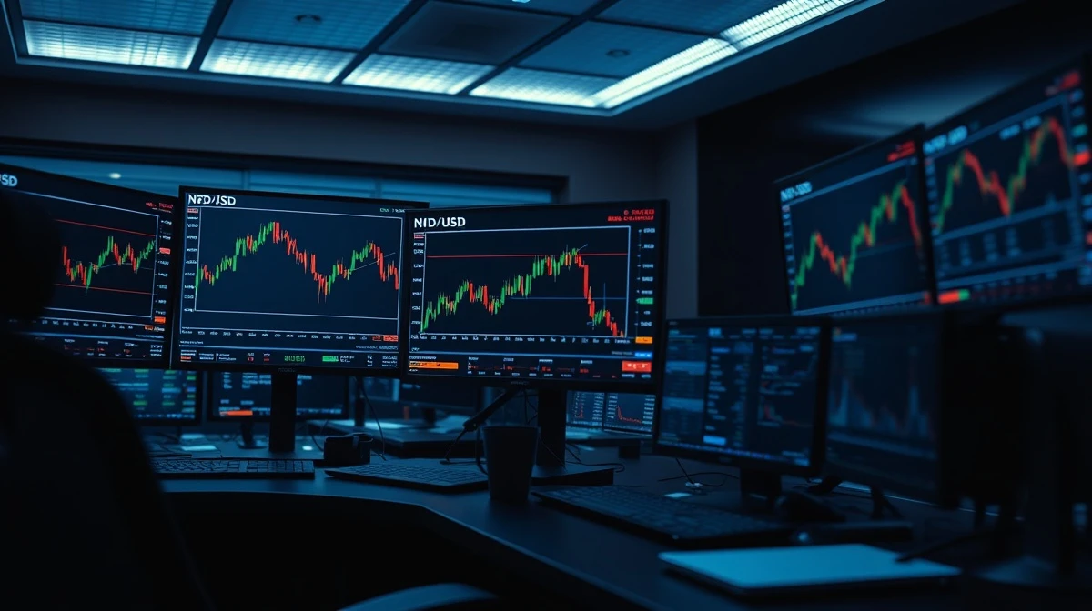 Financial trading desk showing NZD/USD currency pair chart on monitor.