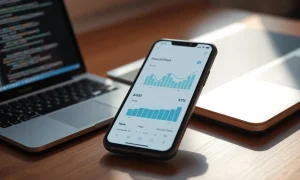 Smartphone displaying an AI personal finance app interface on a desk.