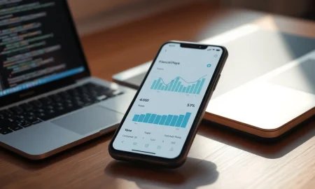 Smartphone displaying an AI personal finance app interface on a desk.