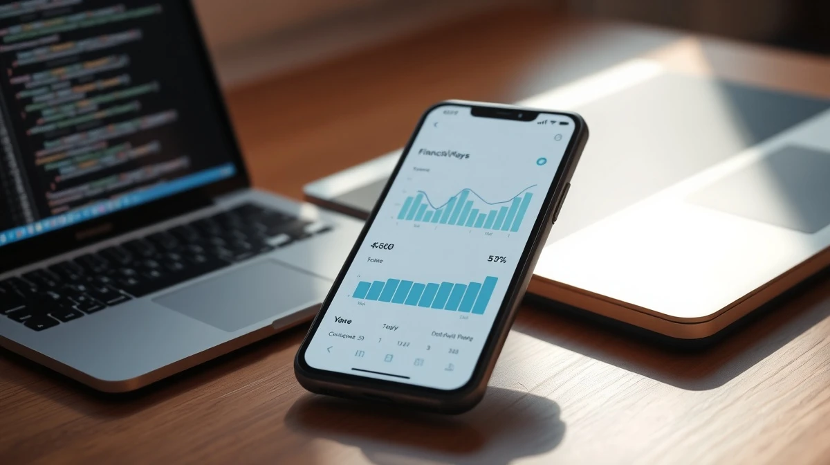 Smartphone displaying an AI personal finance app interface on a desk.