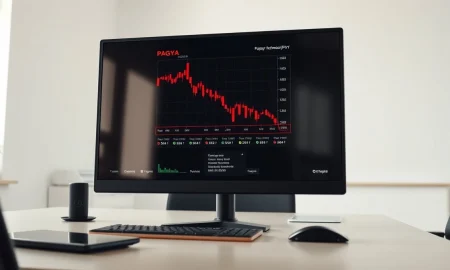 A stock chart showing a decline for Pagaya Technologies (PGY) on a trading desk monitor.
