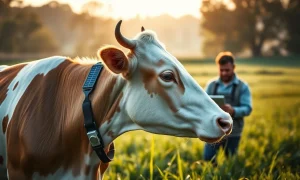 A cow wearing a Halter solar-powered smart collar in a pasture, representing a $2 billion agtech investment.