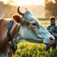 A cow wearing a Halter solar-powered smart collar in a pasture, representing a $2 billion agtech investment.