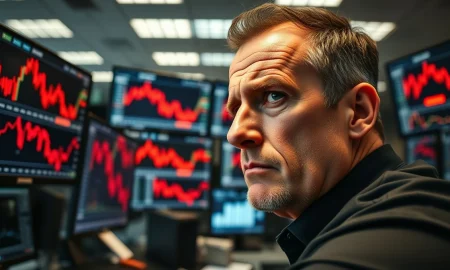 A trader monitors falling GBP/USD exchange rate charts on a financial terminal.