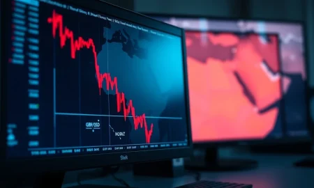 A trading screen shows the British pound falling sharply against the US dollar on a line chart.
