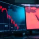 A trading screen shows the British pound falling sharply against the US dollar on a line chart.