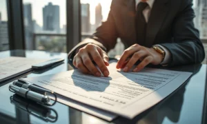 Financial analyst reviewing private credit loan documents on a desk.