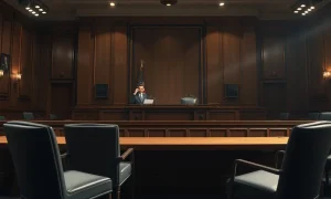 An empty U.S. Senate hearing room, symbolizing an inquiry into airline merger reports.