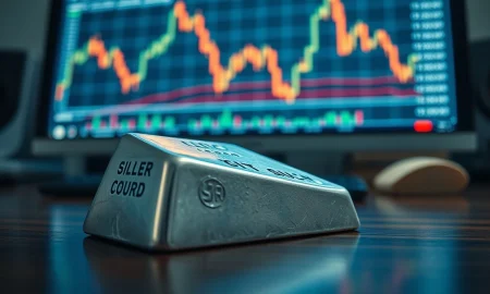 A silver bullion bar on a desk with a financial chart showing a price decline in the background.