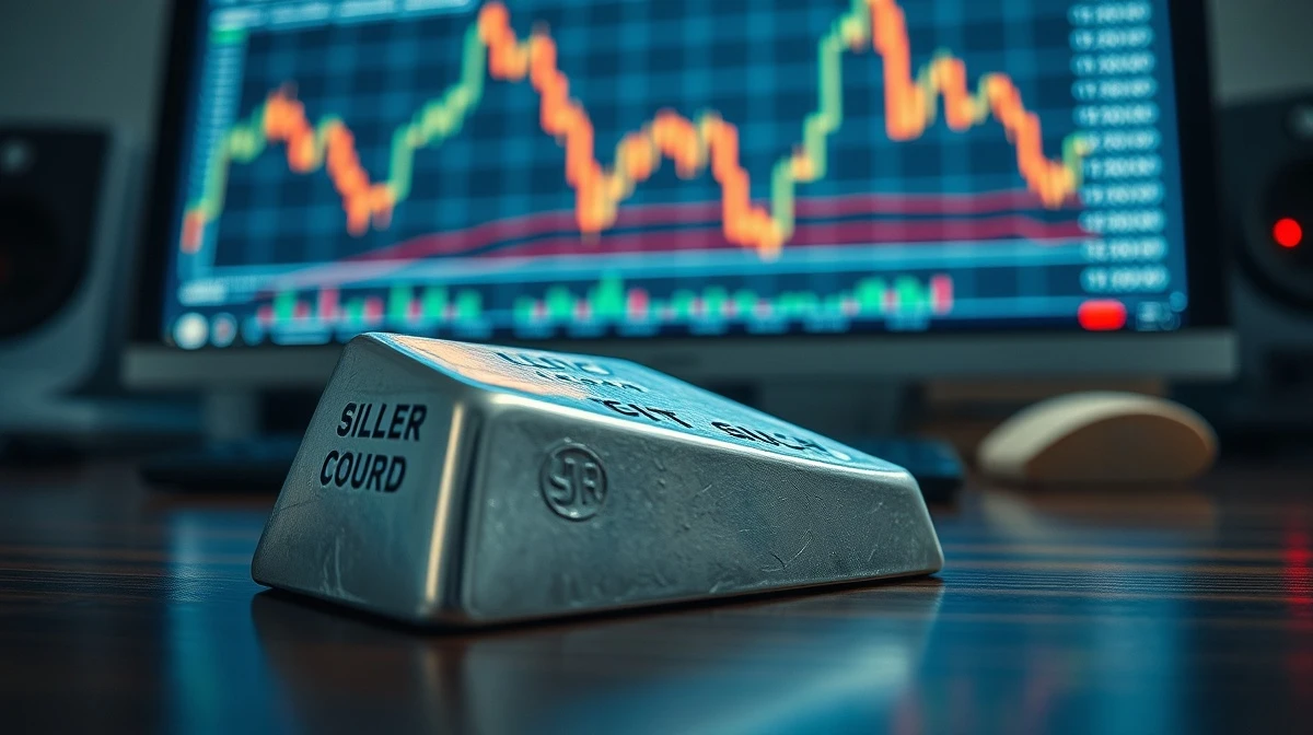 A silver bullion bar on a desk with a financial chart showing a price decline in the background.