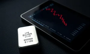 A silver bullion bar next to a tablet showing a declining price chart.