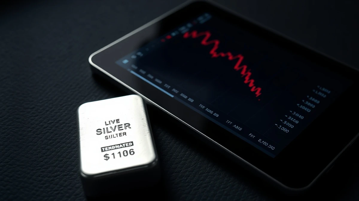 A silver bullion bar next to a tablet showing a declining price chart.