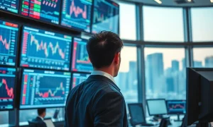 A trader monitors financial data on screens in a Seoul trading room, with the KOSPI index chart visible.