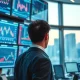 A trader monitors financial data on screens in a Seoul trading room, with the KOSPI index chart visible.