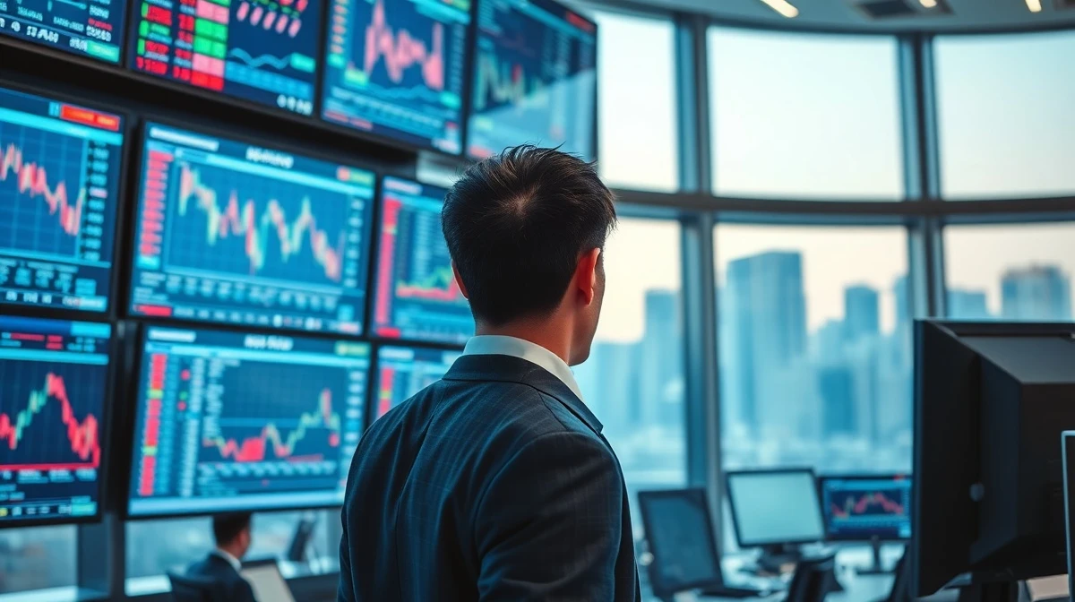 A trader monitors financial data on screens in a Seoul trading room, with the KOSPI index chart visible.
