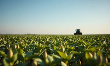 Aerial view of a large soybean field with rows of young plants.
