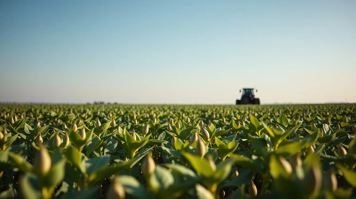 Aerial view of a large soybean field with rows of young plants.