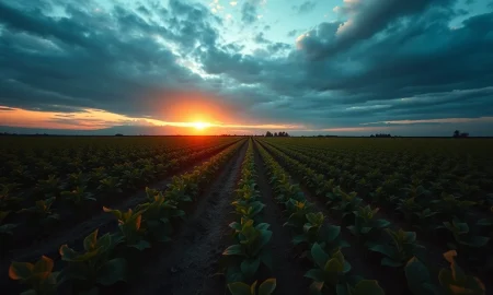Aerial view of a soybean field with rows of green plants under a cloudy sky.