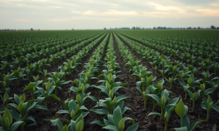 Aerial view of a soybean field showing early planting progress.