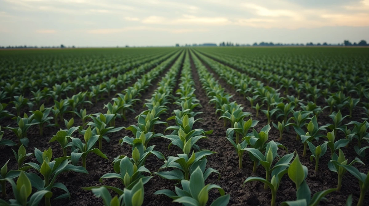 Aerial view of a soybean field showing early planting progress.