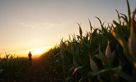 A soybean field at dusk, representing the agricultural commodity market.