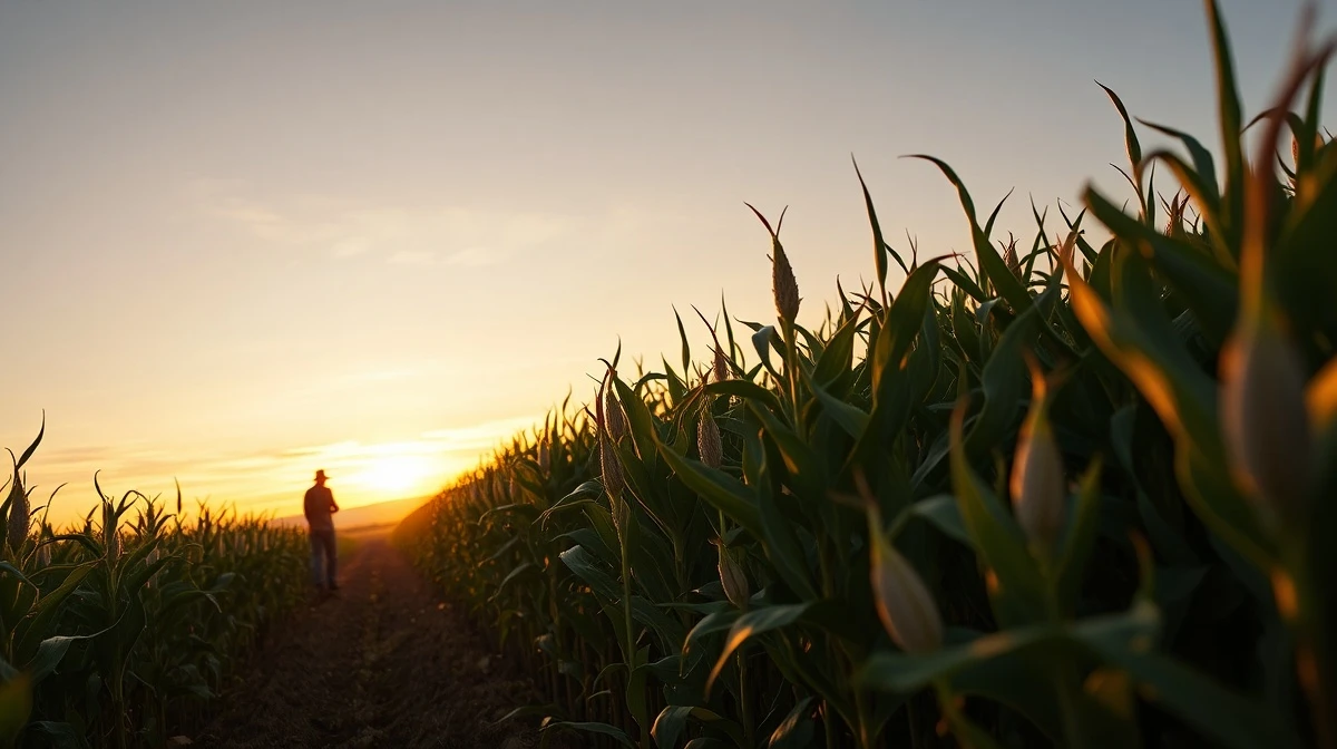A soybean field at dusk, representing the agricultural commodity market.