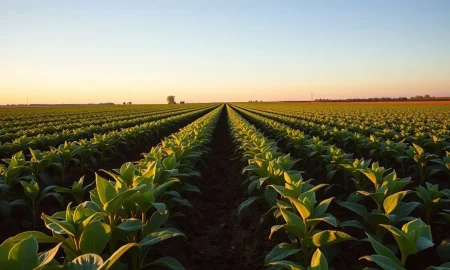 A soybean field under a clear sky, representing the agricultural commodity market.