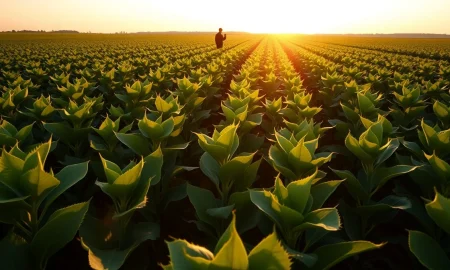 A soybean field with a farmer checking data on a tablet, representing the USDA planting report.