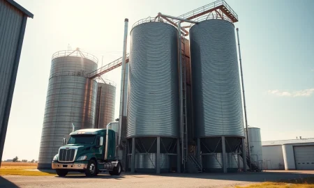 A commercial grain elevator facility for soybean storage and processing.