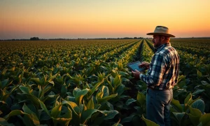 A soybean field at dusk with a farmer checking market data on a tablet.