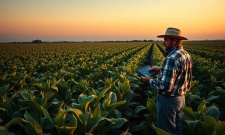 A soybean field at dusk with a farmer checking market data on a tablet.