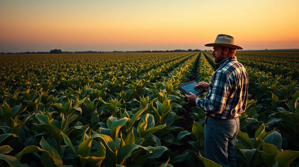 A soybean field at dusk with a farmer checking market data on a tablet.