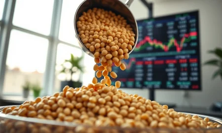 Soybeans being poured with a futures market screen in the background.