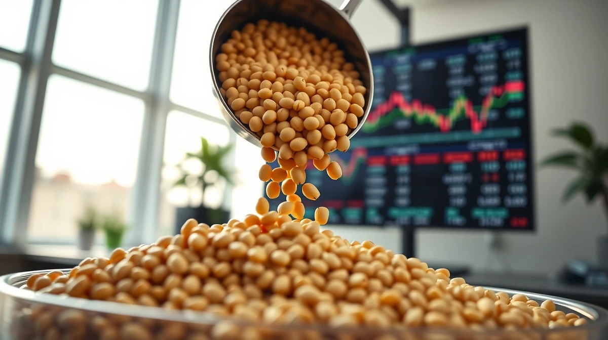 Soybeans being poured with a futures market screen in the background.
