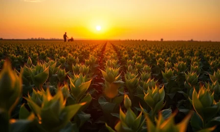 A soybean field at dusk, representing agricultural commodity market analysis.