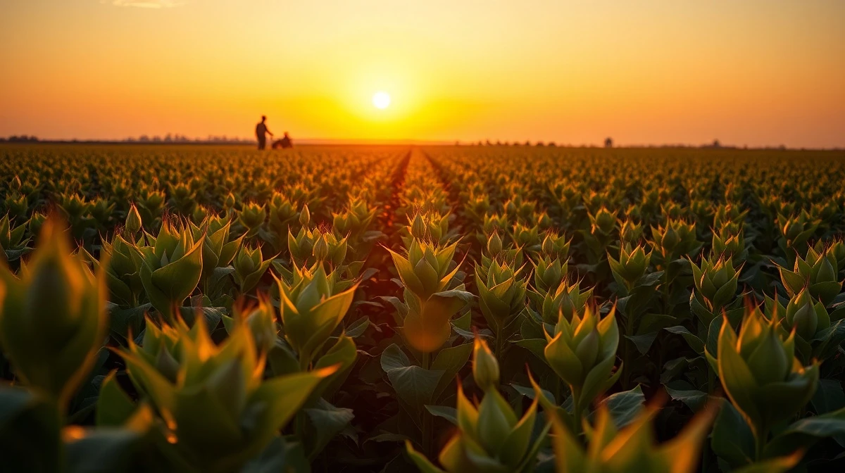 A soybean field at dusk, representing agricultural commodity market analysis.