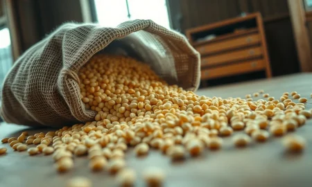 Soybeans spilling from a sack, representing commodity market trading.