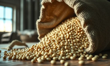 Soybeans spilling from a sack, representing commodity market activity.